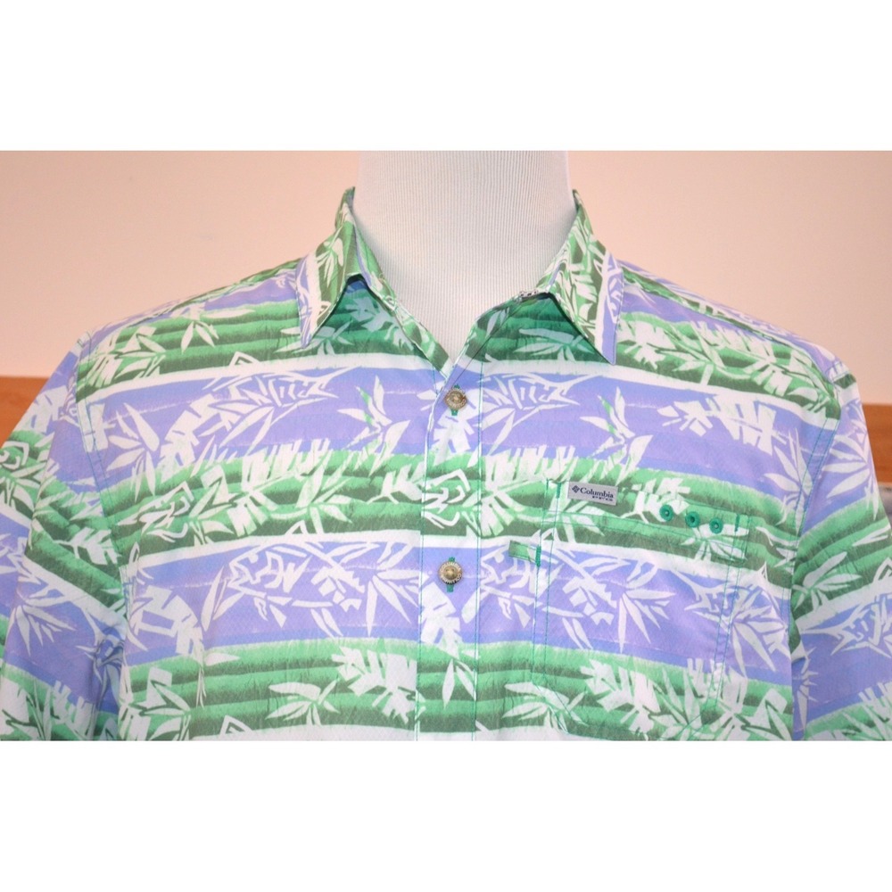 Columbia PFG Omni Shade Shirt Men's Size Large Purple & Green Floral‎ Striped